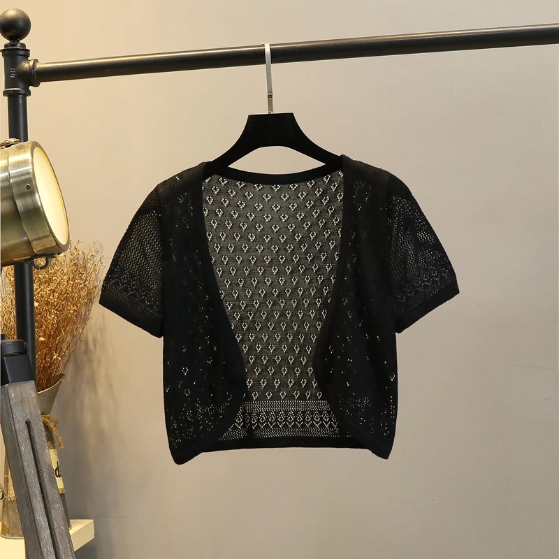 夏季镂空针织衫短款搭配旗袍吊带连衣裙外搭小披肩开衫外套坎肩女