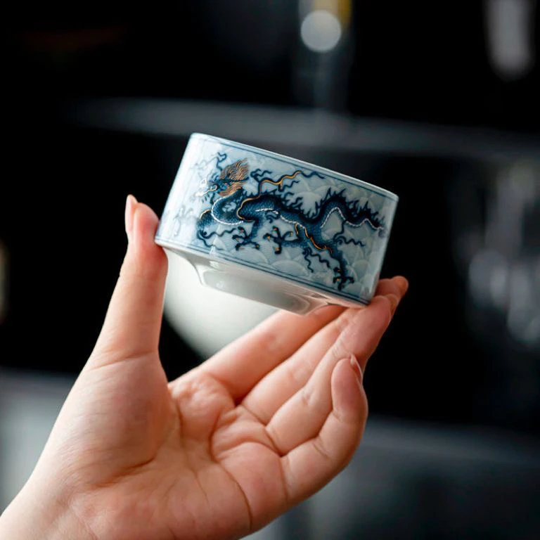 影青龙纹直口杯仿古釉下彩青花主人杯中式缸杯家用喝茶单杯