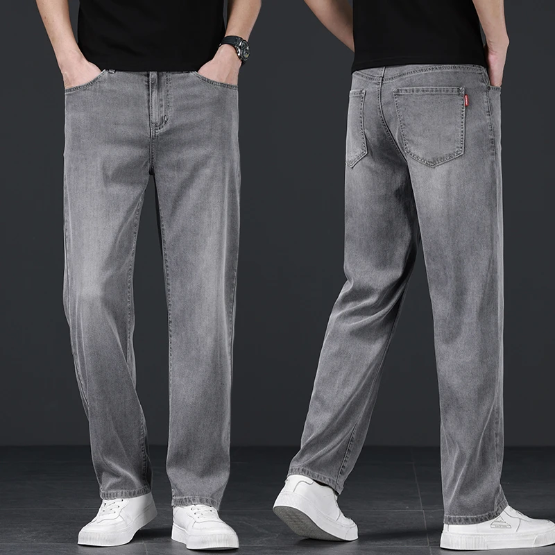香港浅灰色牛仔裤男士潮流宽松阔腿直筒高端商务休闲长裤夏季薄款