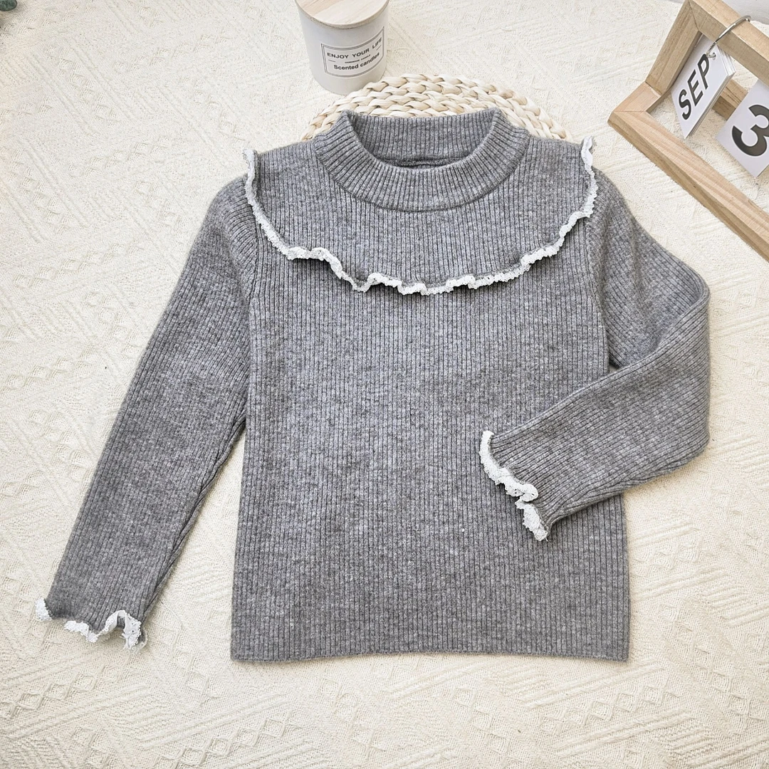 【摩卡风味】H24117冬季新款女童厚款针织打底衫＋蕾丝花边领设计