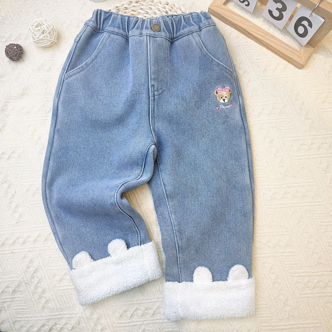 H240911冬季女童一体奥利绒加厚牛仔裤韩版时尚