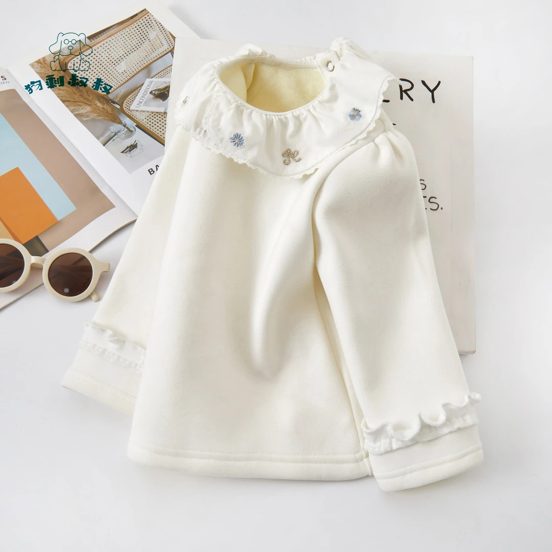 【云霓奶芙】B029冬季女童加厚打底白色长袖花边领洋气时尚百搭