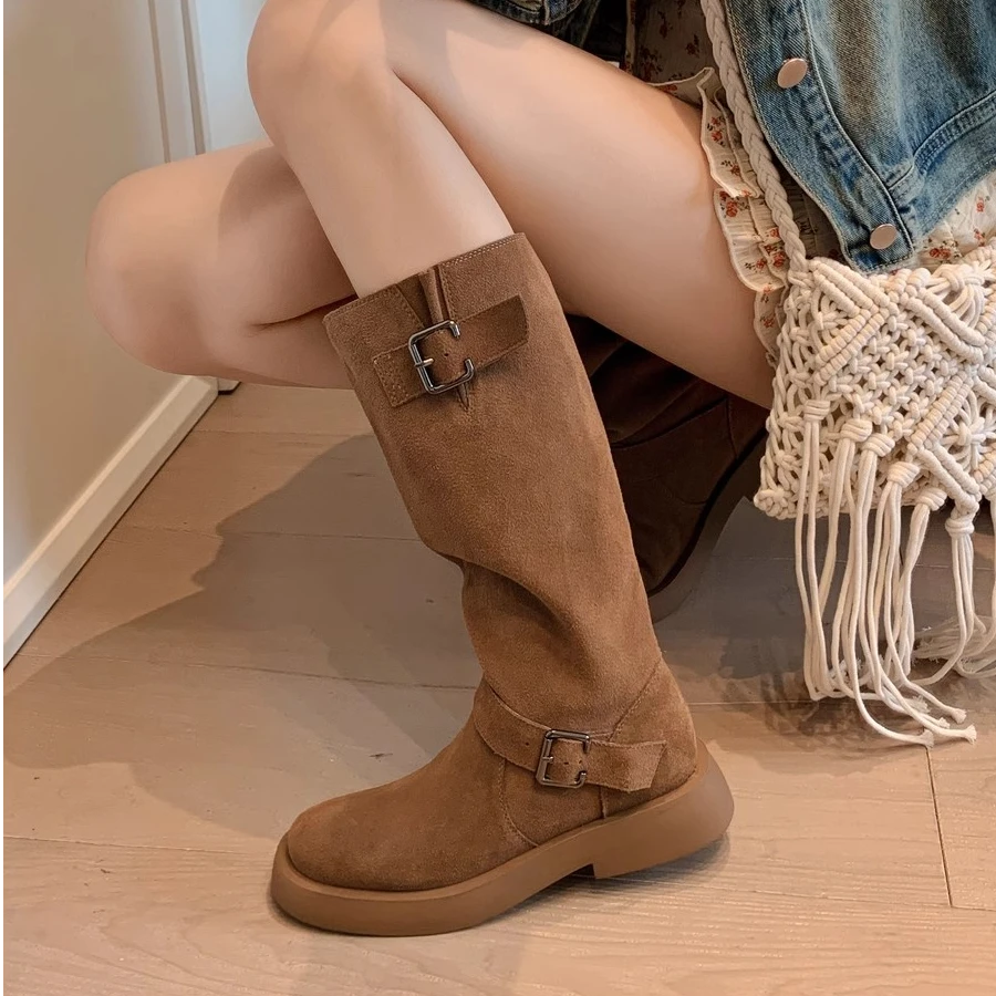 小个子美拉德复古厚底增高西部牛仔靴堆堆靴高筒靴骑士靴女秋冬