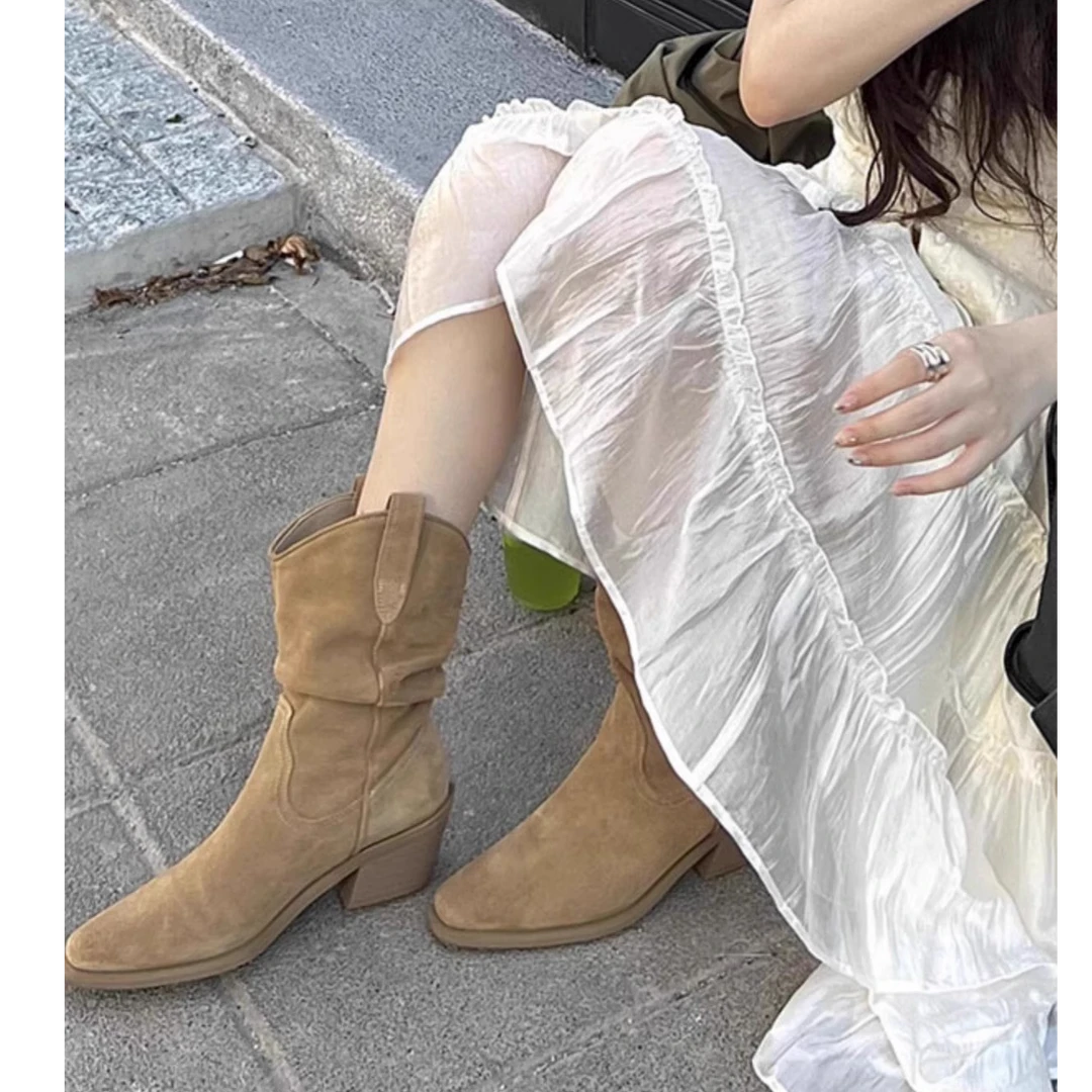 超好看~赵露思同款尖头堆堆靴短靴子高跟复古西部骑士靴V口中筒靴