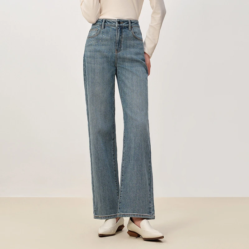 敦奴dunnu牛仔裤显瘦蓝色高腰时尚百搭女士开叉FT312106