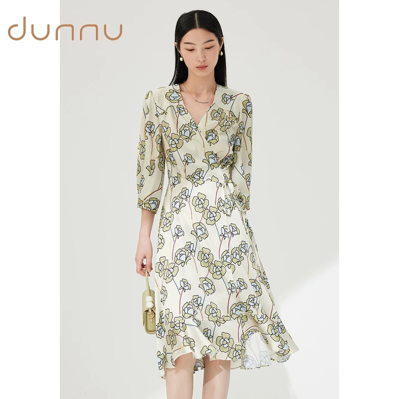 印花复古显瘦碎花长袖法式包臀裙白色小黑裙敦奴8S150108连衣裙