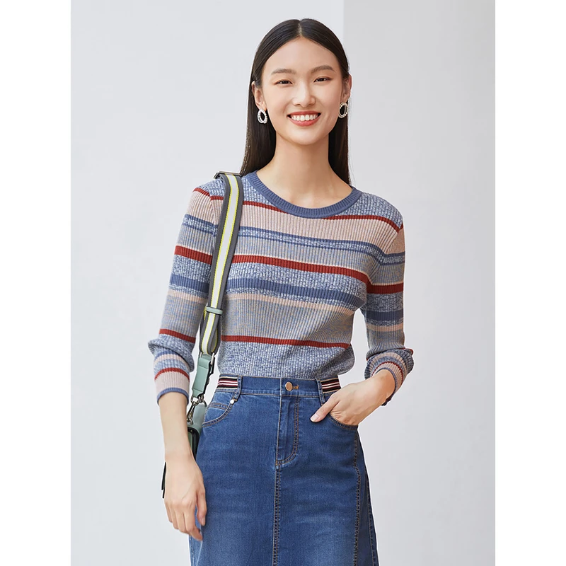 撞色上衣复古套头秋季条纹假两件早春dunnu敦奴针织衫DR170152