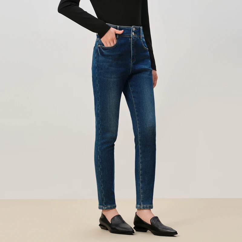 敦奴dunnu百搭紧身直筒牛仔裤修身秋季蓝色显瘦裤子高腰FT512128