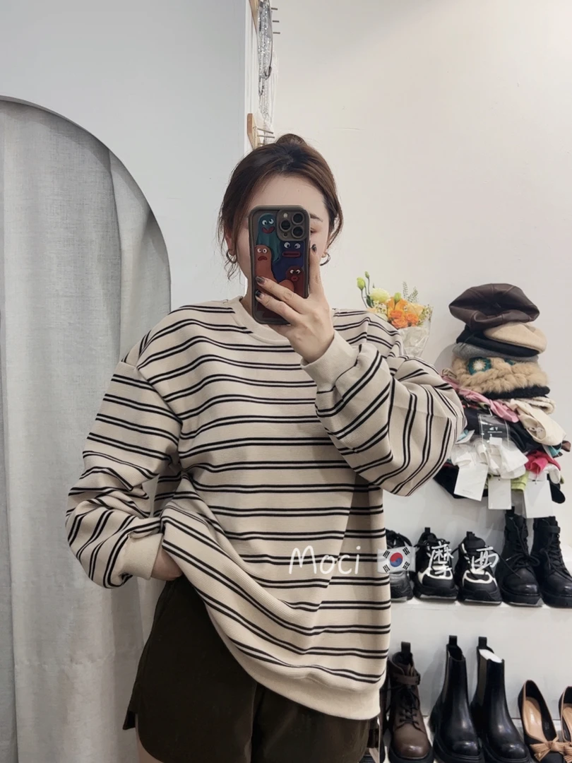 冬季 加绒条纹卫衣 内里加绒