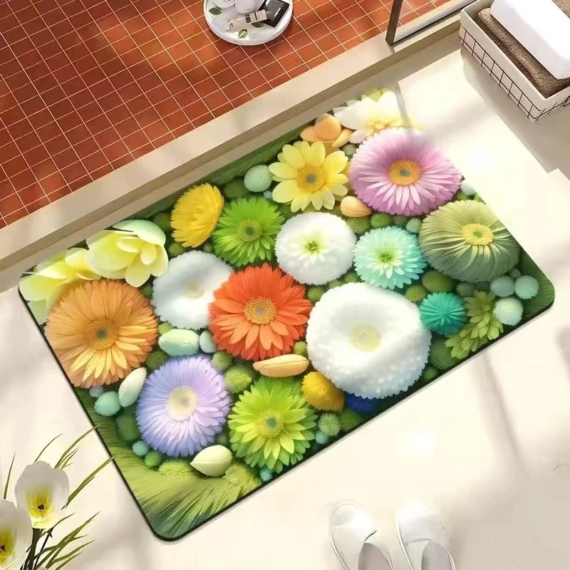 硅藻泥浴室吸水防滑防摔地垫小清新花朵3D家用脚垫速干耐脏耐磨