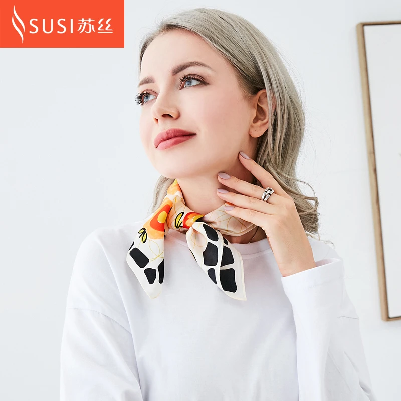 susi/苏丝真丝丝巾女桑蚕丝小方巾百搭印花领巾围巾简约女士时尚