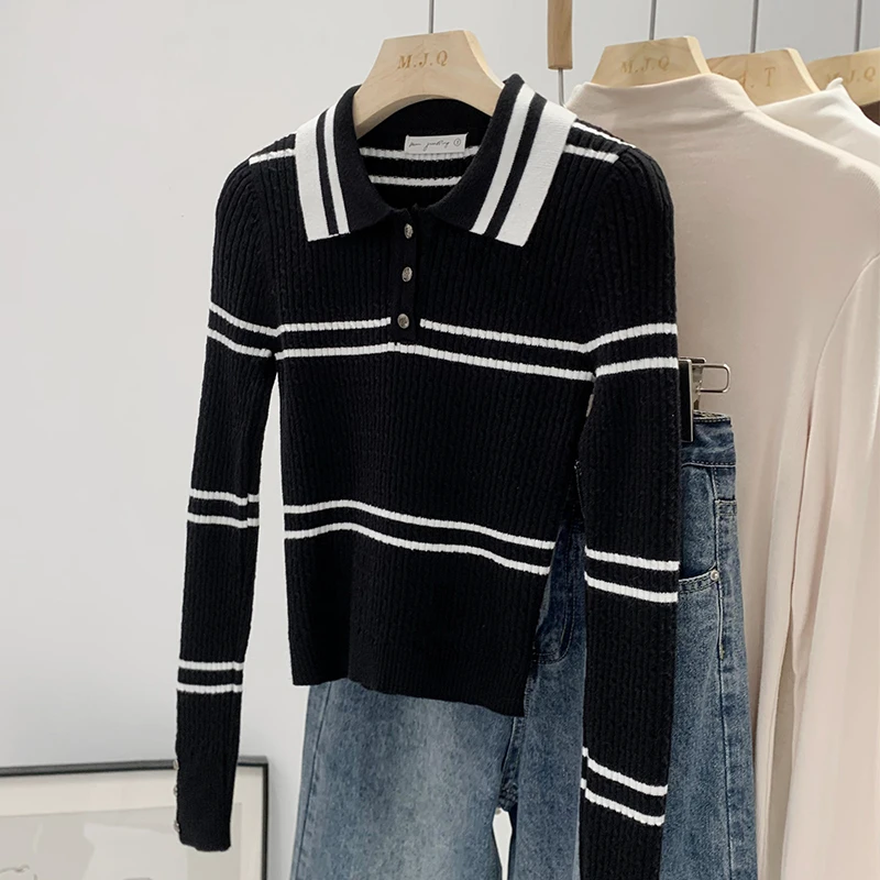 黑色撞色条纹polo领长袖T恤女秋冬2023年新款针织打底衫修身上衣