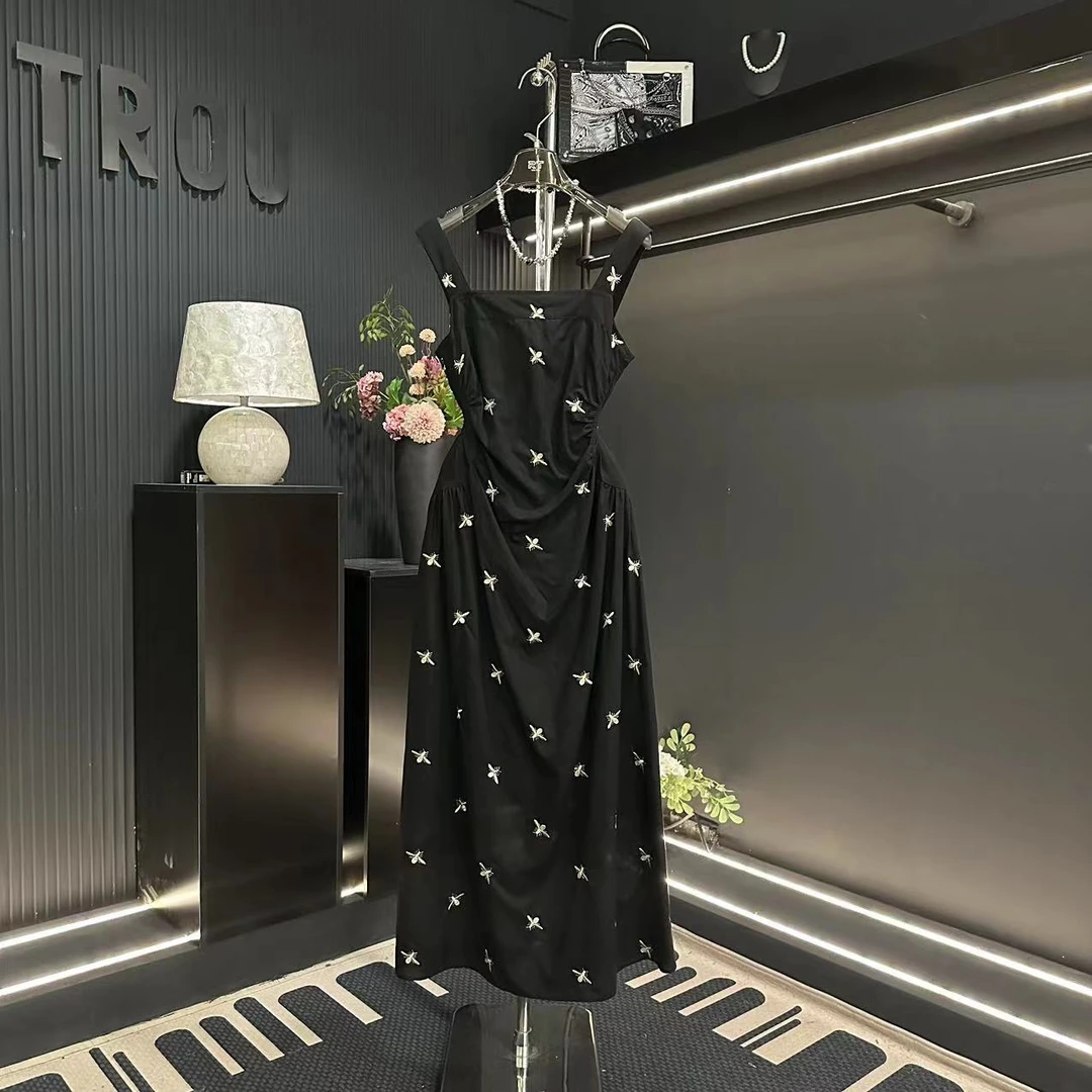 roiltrou【编码70】原创设计黑色高级吊带长裙连衣裙SS66031