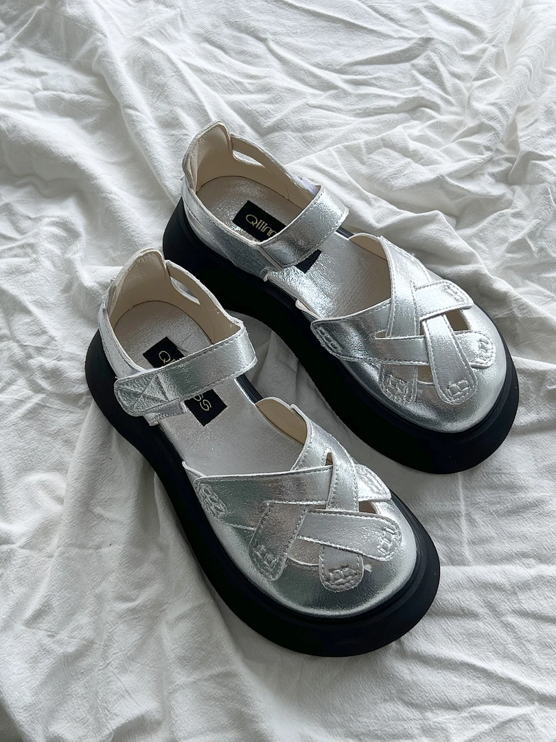 【大头叔】罗马凉鞋女夏法式2024新款厚底包头镂空编织玛丽珍鞋