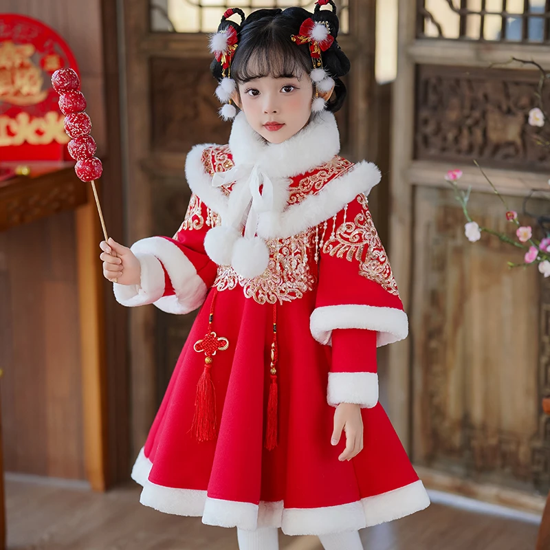 女童汉服加绒冬款连衣裙儿童喜庆过年拜年服中国风唐装公主裙加厚