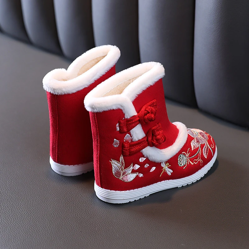 冬季新款儿童棉靴汉服鞋加绒公主鞋女童靴子绣花鞋中国风宝宝棉鞋