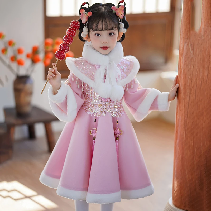 拜年服女童冬季汉服儿童冬装加绒加厚中国风古装小女孩毛呢裙套装