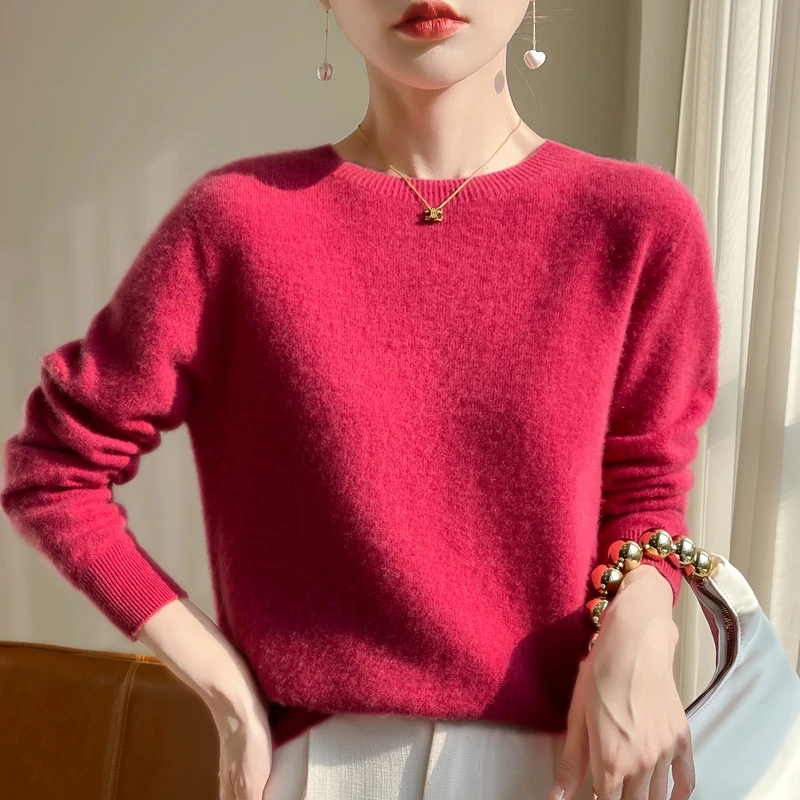 【一线成衣】秋冬新款女羊毛圆领打底纯色百搭保暖宽松套头针织上衣