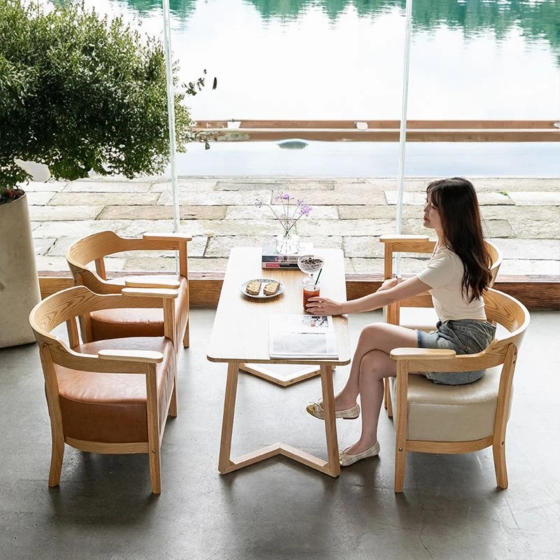 奶茶甜品店咖啡厅书吧桌椅组合简约休闲洽谈会客接待实木单人沙发