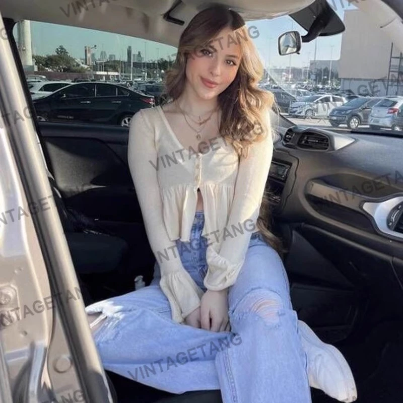 VintageTang甜心辣妹短款bm露脐杏色长袖针织荷叶边上衣女骁伍