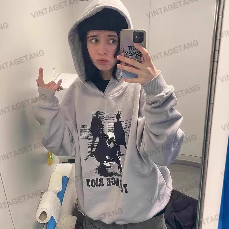 VintageTang美式复古灰色街头连帽卫衣套头长袖女潮牌上衣禧壹