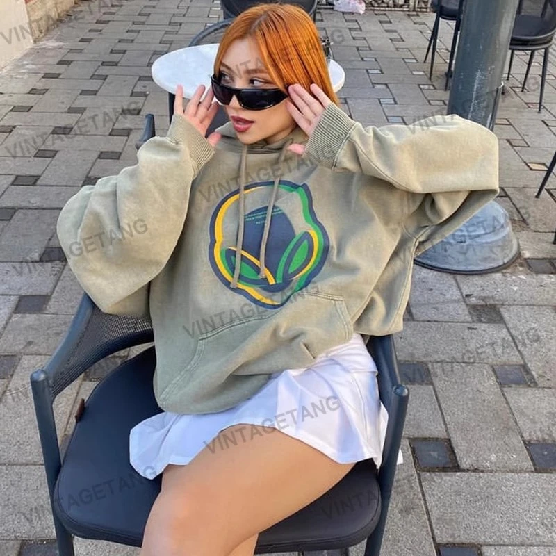 VintageTang美式复古绿色水洗炒色连帽卫衣印花显白套头上衣骁壹