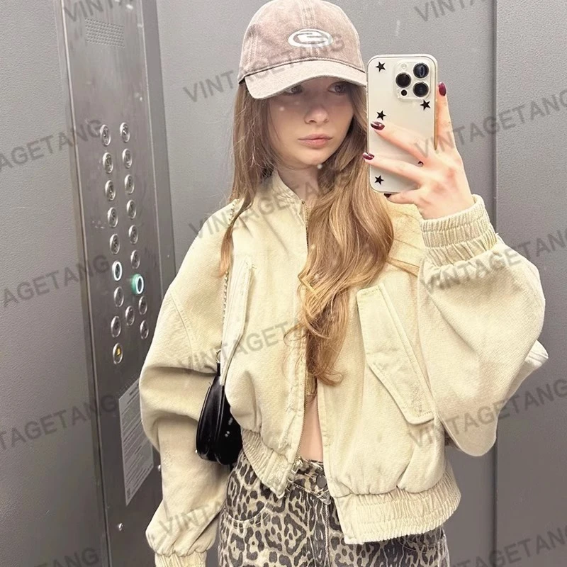 美式复古奶黄色短款夹克外套女春秋棒球服开衫吉叁
