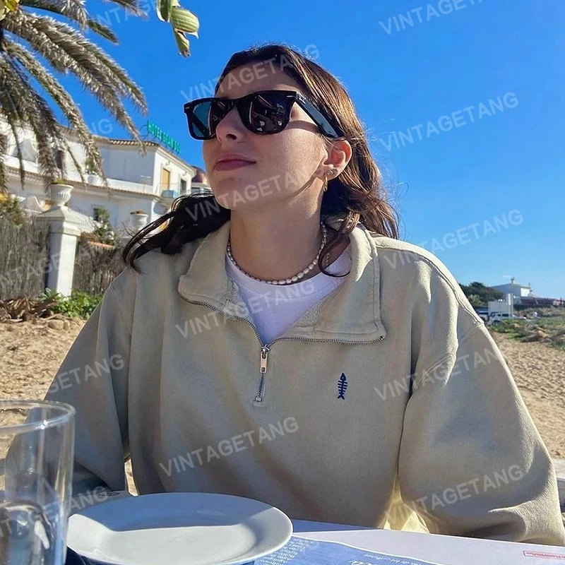 VintageTang美式复古简约浅咖色潮牌街头半开领卫衣女套头嘉叁D