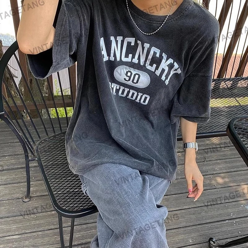 复古欧美水洗烟灰色宽松短袖T恤女上衣嘉贰