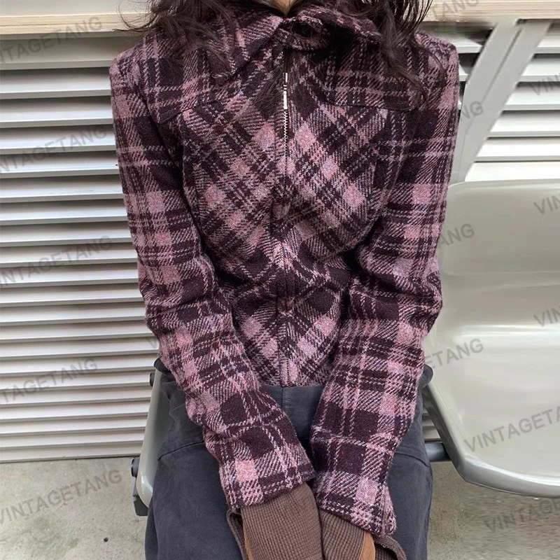 美式复古紫色短款格纹毛呢外套女秋冬古着感夹克壕肆