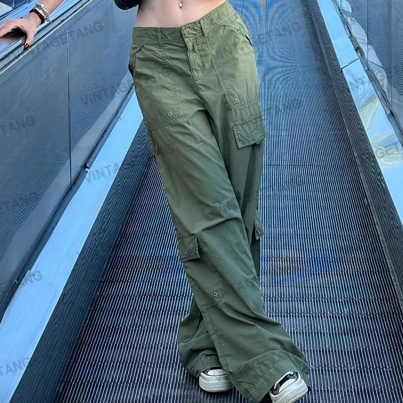 美式辣妹军绿色口袋直筒工装裤女潮宽松休闲裤吉叁