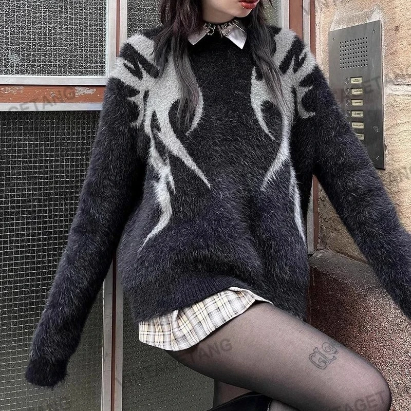 VintageTang美式复古黑色圆领套头毛衣秋冬针织衫男女情侣款吉呐