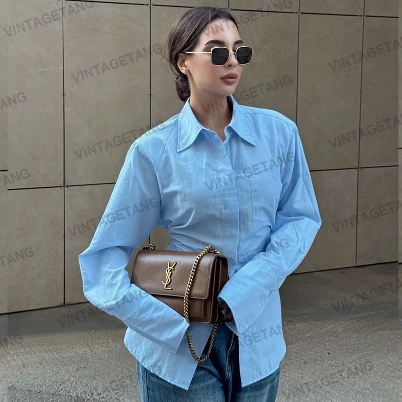 高级感蓝色收腰显瘦长袖衬衫女修身衬衣通勤上衣骁壹