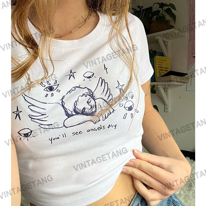 复古辣妹修身天使印花正肩短袖T恤女露脐上衣吉贰