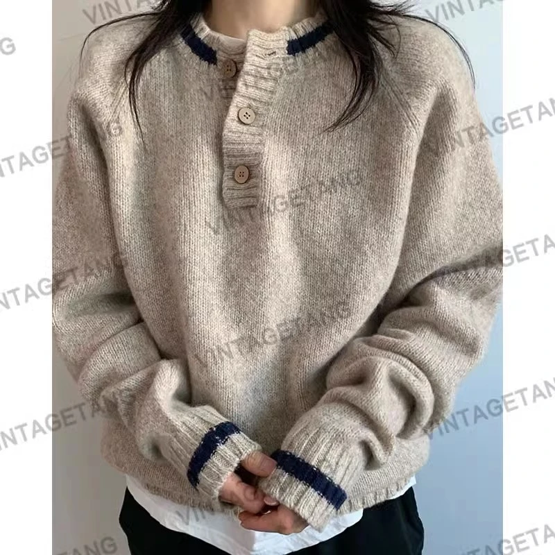 VintageTang美式复古浅卡其针织衫毛衣女秋冬宽松外穿简约壕壹续