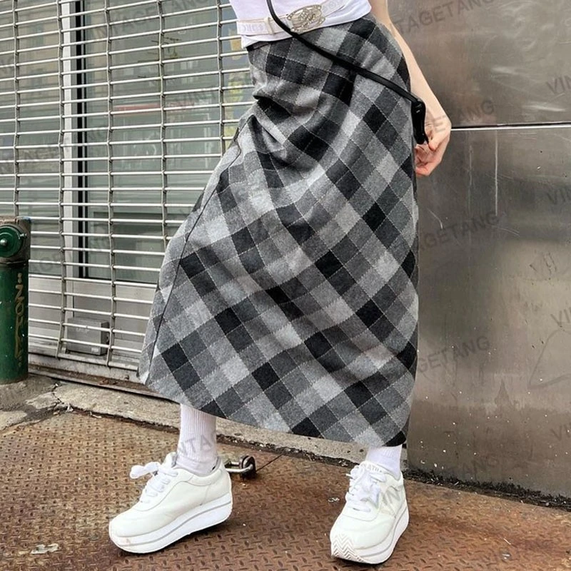 美式复古黑色高腰休闲直筒显瘦格子半身裙长裙禧壹