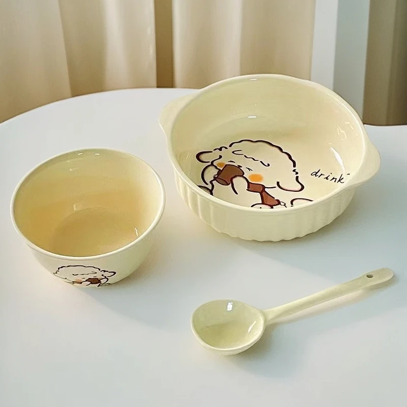 【碗勺系列】高颜值餐具卡通陶瓷釉下彩一人食家用双耳饭碗沙拉碗