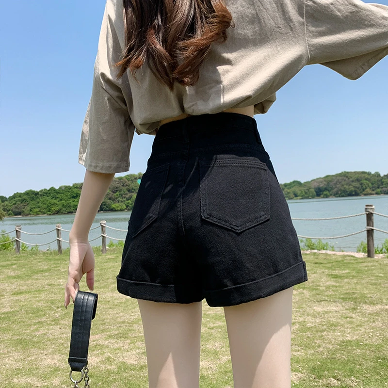 黑色牛仔短裤女夏季薄款2023年新款高腰显瘦宽松a字辣妹卷边热裤
