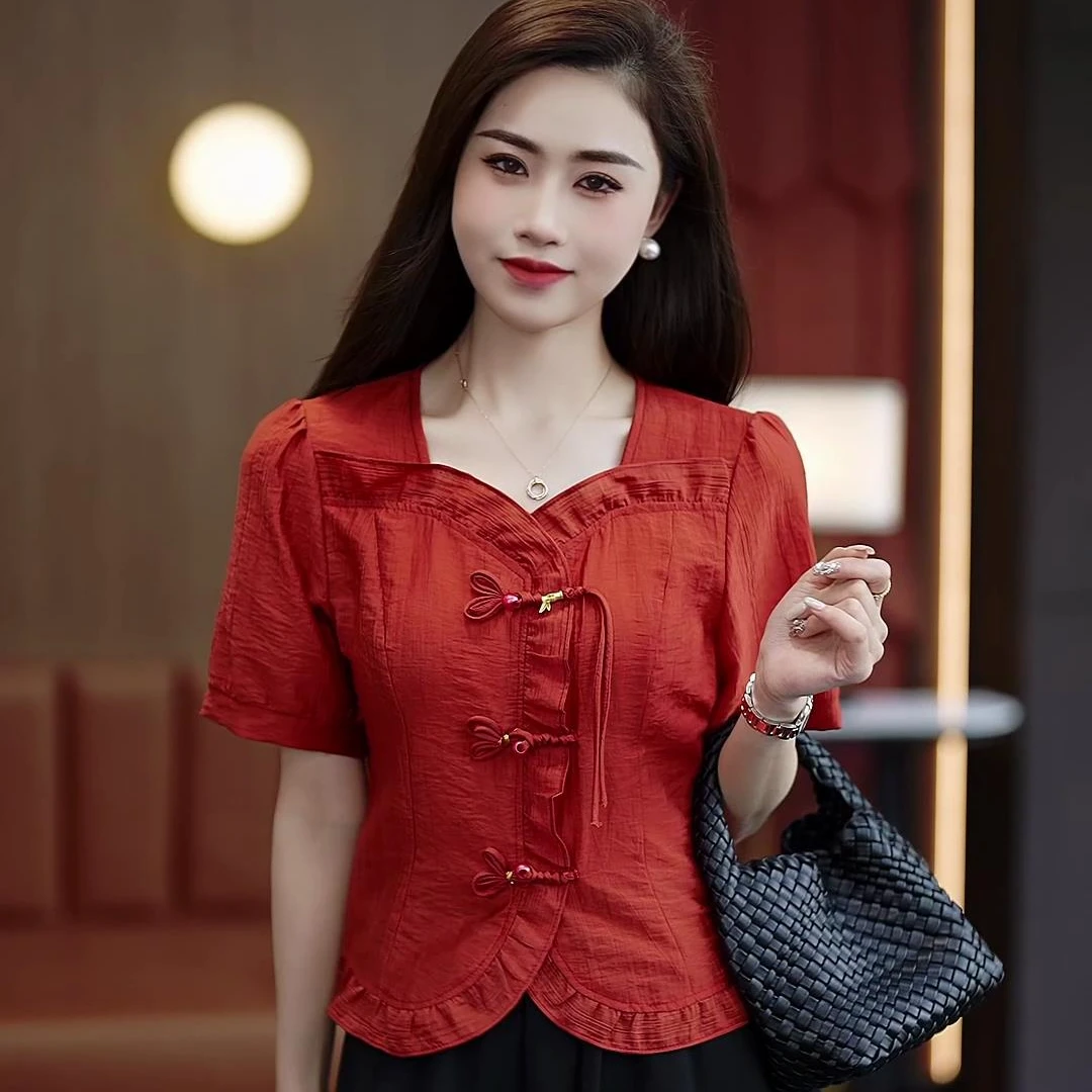 「律动莫兰迪」新款国风设计夏季套头盘扣修身气质洋气短款上衣显瘦