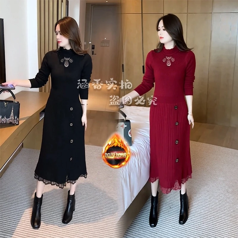 秋冬时尚针织连衣裙秋冬新款时尚显瘦长袖加绒打底裙子