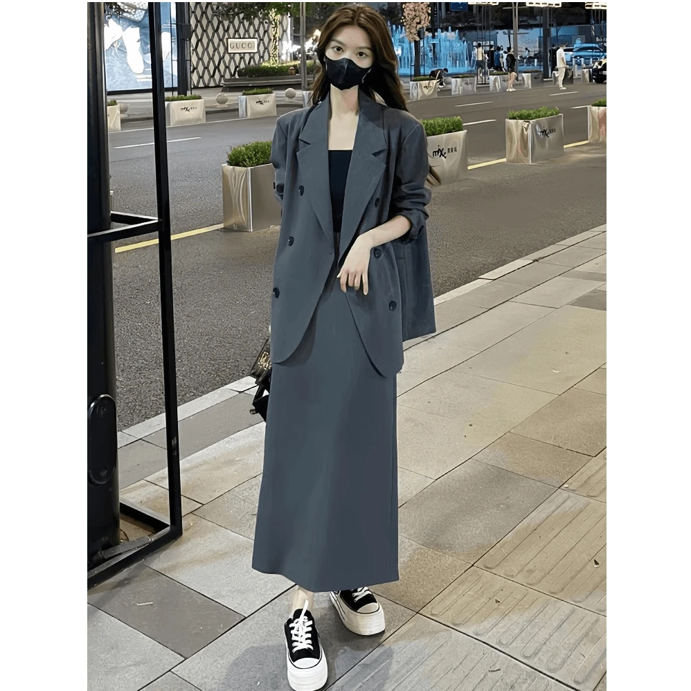 高级感休闲西服套装裙女秋季中长款西装外套高腰半身裙显瘦两件套