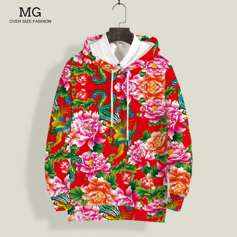 国风卫衣男红色外套新款民族风东北大花布加绒加厚连帽衫大码上衣