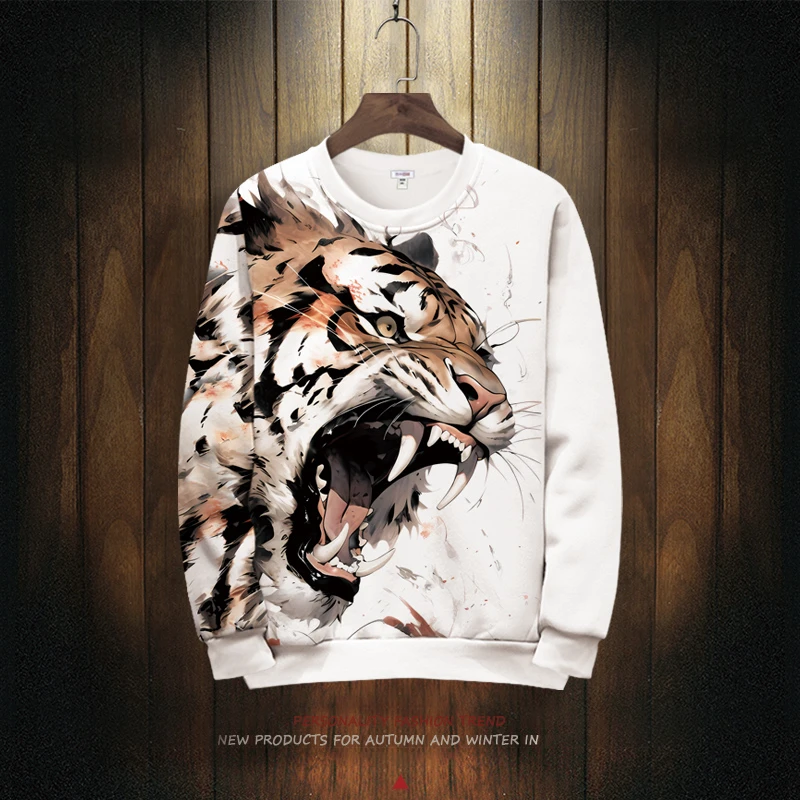 国潮老虎头印花圆领卫衣外套男设计感小众中国风oversize长袖T恤