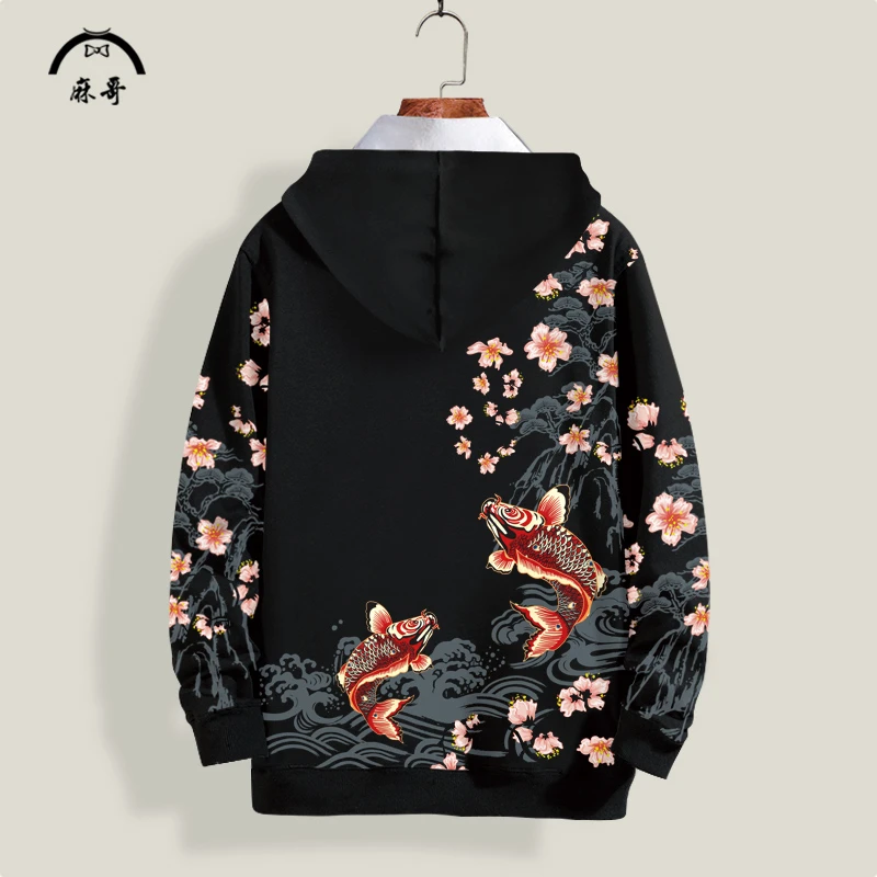 冬季国潮锦鲤印花卫衣男士连帽加绒加厚上衣休闲大码上衣古风衣服