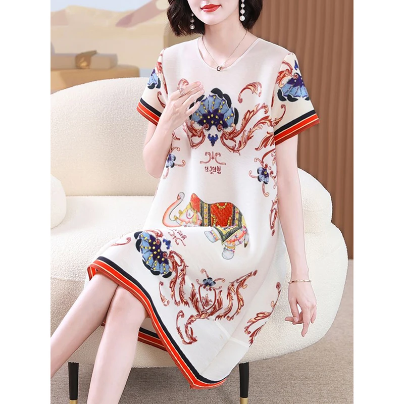 高贵洋气大码女装褶皱连衣裙2025中长款气质宽松印花妈妈装裙子