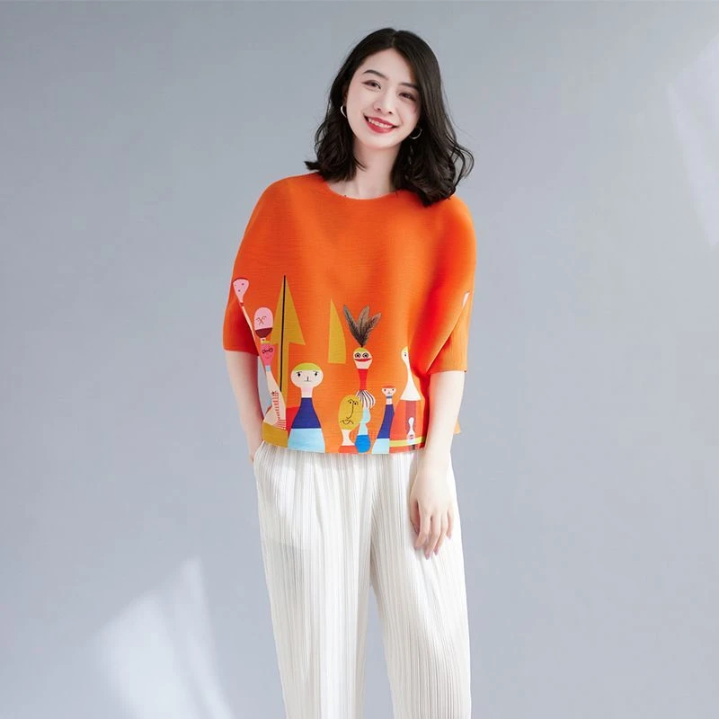 三宅褶皱橘色半袖T恤女士夏款时尚印花气质宽松圆领上衣减龄百搭