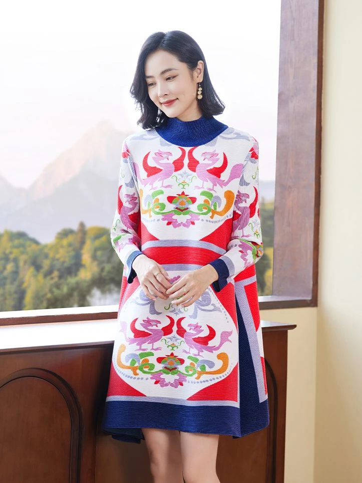 高端连衣裙长袖新款妈妈秋冬装减龄洋气褶皱大码喜婆婆婚宴裙子