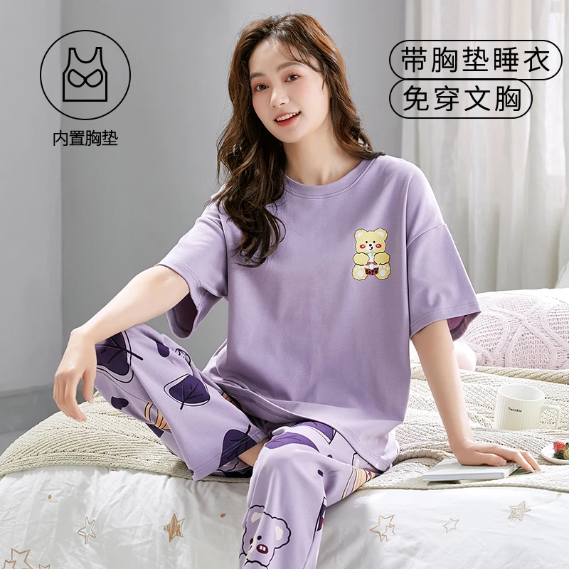 带胸垫睡衣女夏短袖长裤薄款韩版春夏天休闲可爱卡通可外穿家居服