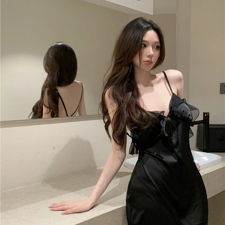 ADDHOT 性感收腰蝴蝶结V领露背纯欲睡裙氛围感斩男禁欲系家居服