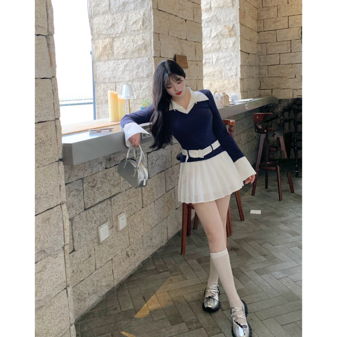 MengFairy清清【蔚蓝学院】撞色拼接收腰百褶连衣裙女3511M高智淡人